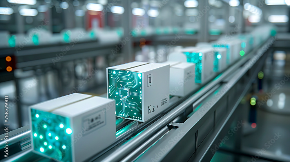 Tech-inspired White Boxes: Circuit Board Graphic Design on Conveyor Belt