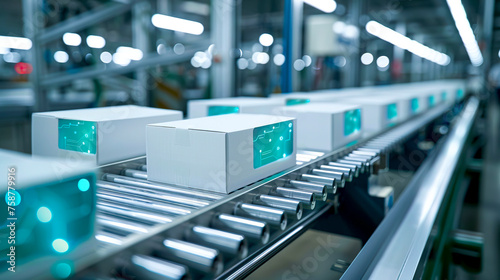 Tech-inspired Graphic Design: White Boxes with Circuit Board Pattern on Conveyor Belt
