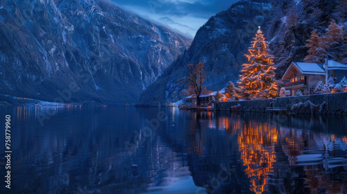 A lone Christmas tree stands upright in the middle of a serene lake, surrounded by calm waters and a peaceful setting