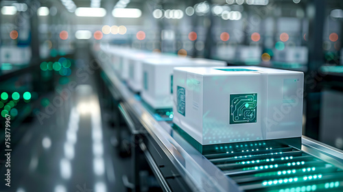 Blue-Green Circuit Board Schematics on Conveyor Belt: Creative Graphic Design in White Boxes