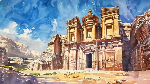 A realistic watercolor painting depicting a building standing tall in the desert landscape of Petra archaeological site.