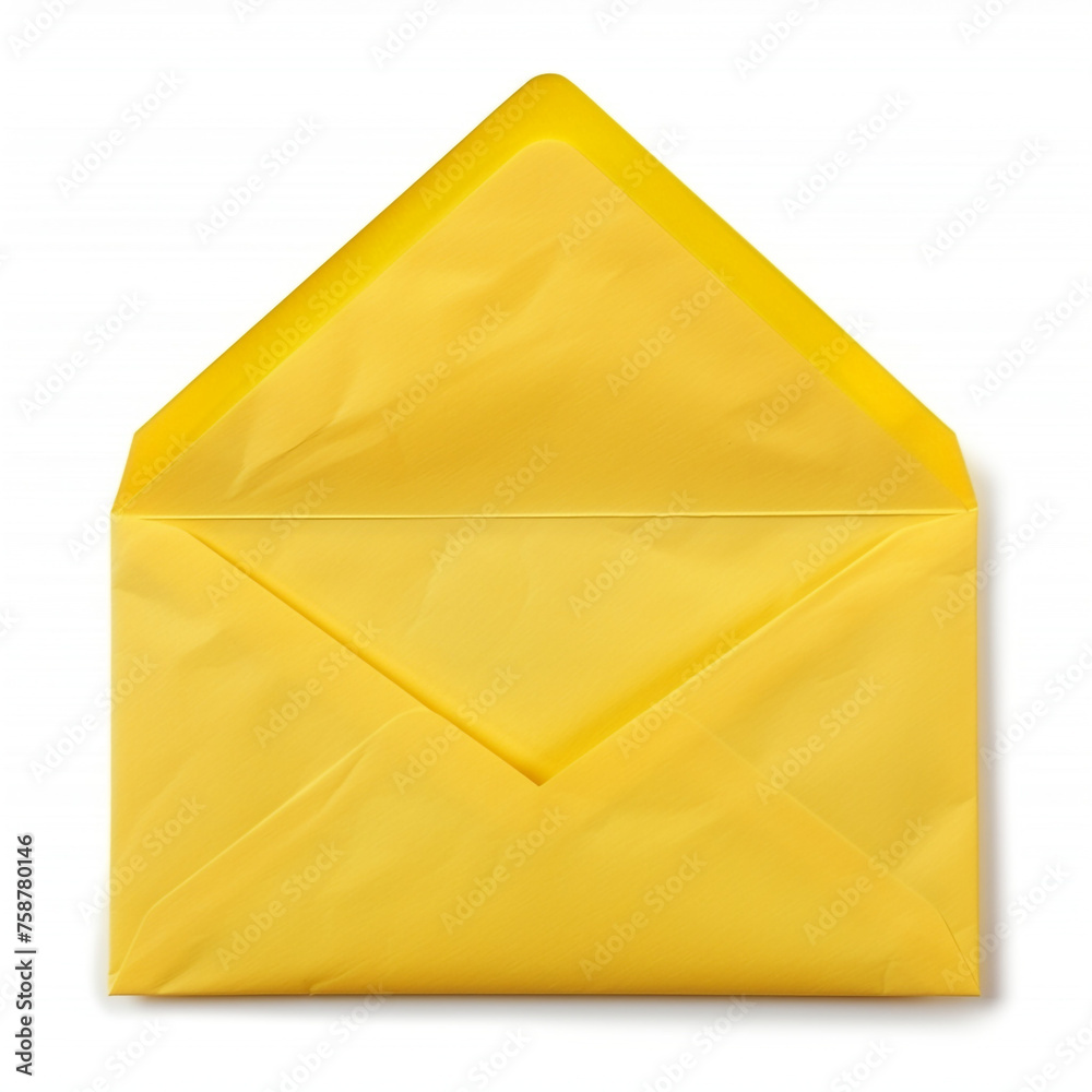 Open yellow envelope with paper card inside, isolated on white сreated with Generative Ai Open yellow envelope with paper card inside, isolated on white сreated with Generative Ai
