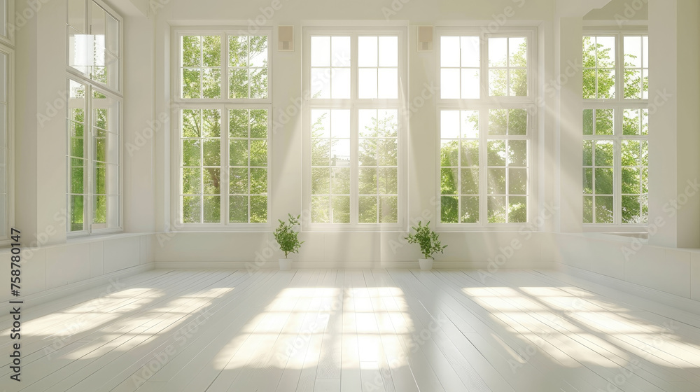 Fototapeta premium A room flooded with natural light from multiple windows, featuring a potted plant in the corner