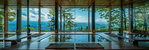 A modern temple with floor-to-ceiling panoramic windows, offering a breathtaking view of the surrounding nature 