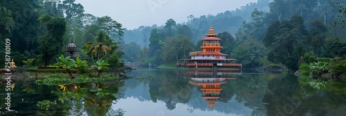A tranquil temple by the edge of a still lake, its perfect reflection mingling with the soft ripples of water