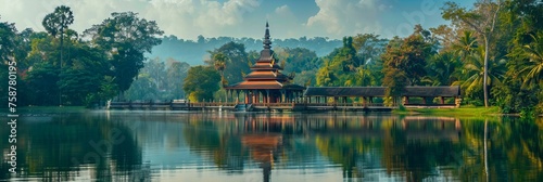 A tranquil temple by the edge of a still lake, its perfect reflection mingling with the soft ripples of water photo