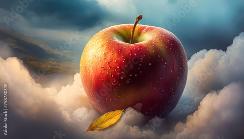Czerwone jabłko, abstrakcja w chmurach