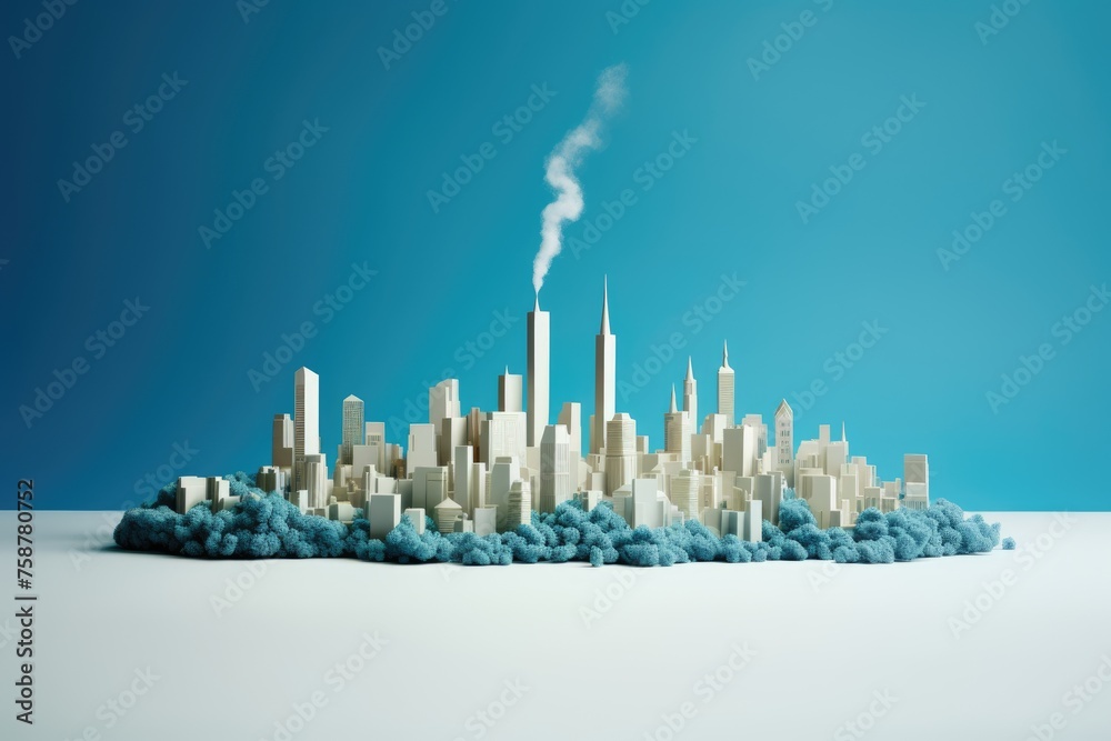 A modern cityscape enveloped in soft blue clouds with a lone smoke plume rising. Futuristic Cityscape with Smoke Clouds
