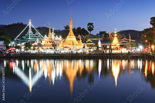 Wat Jong klang and Wat Jong kham reflection in the jong kham lake is a Buddhist temple most favourite place for tourist in Mae hong son, Thailand