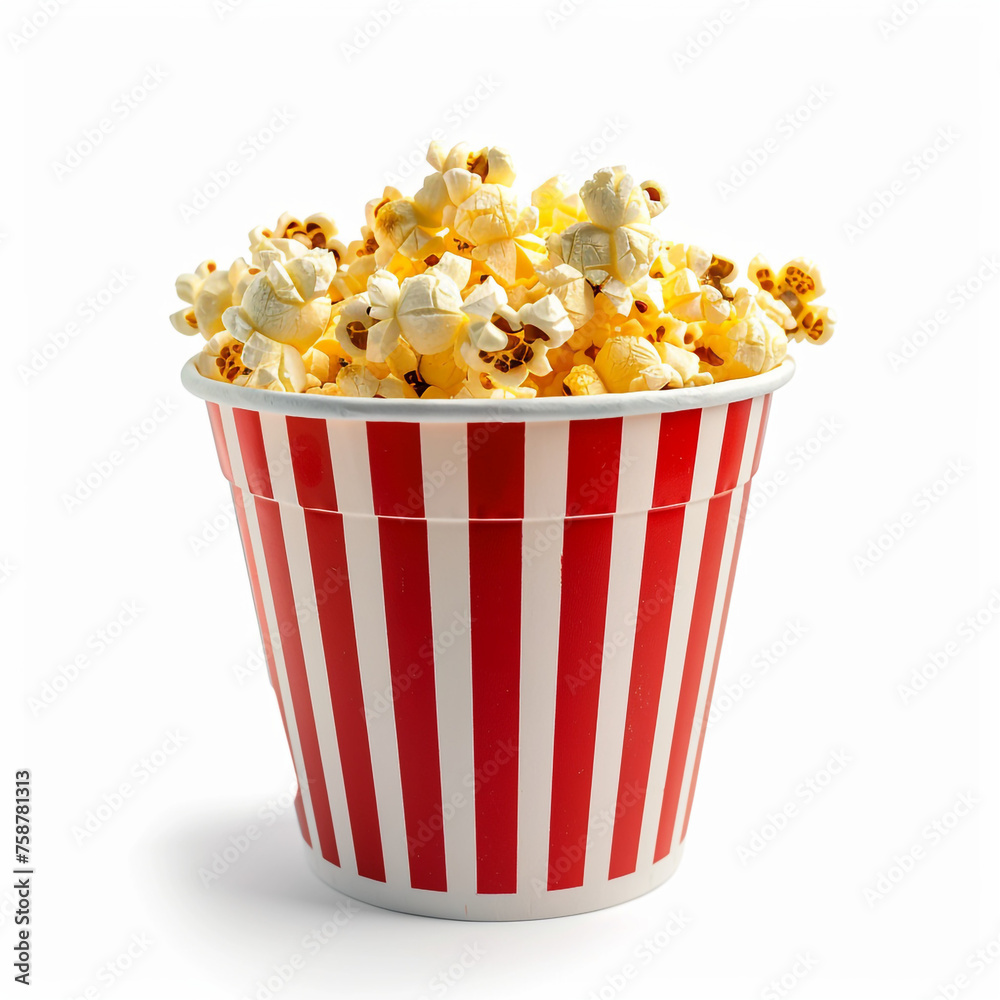 red white paper bucket full of popcorn on isolated on white сreated with Generative Ai red white paper bucket full of popcorn on isolated on white сreated with Generative Ai