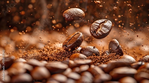 Coffee beans falling into the ground. Close-up.