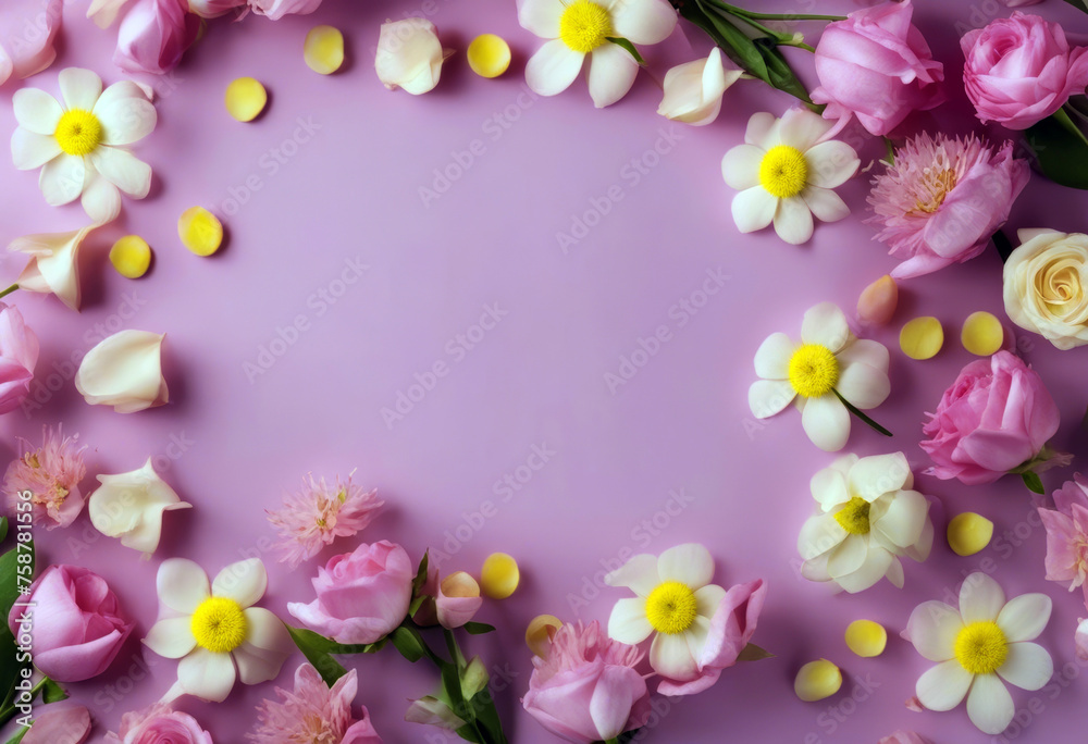 spring flowers creating frame with large copy space on a pink background