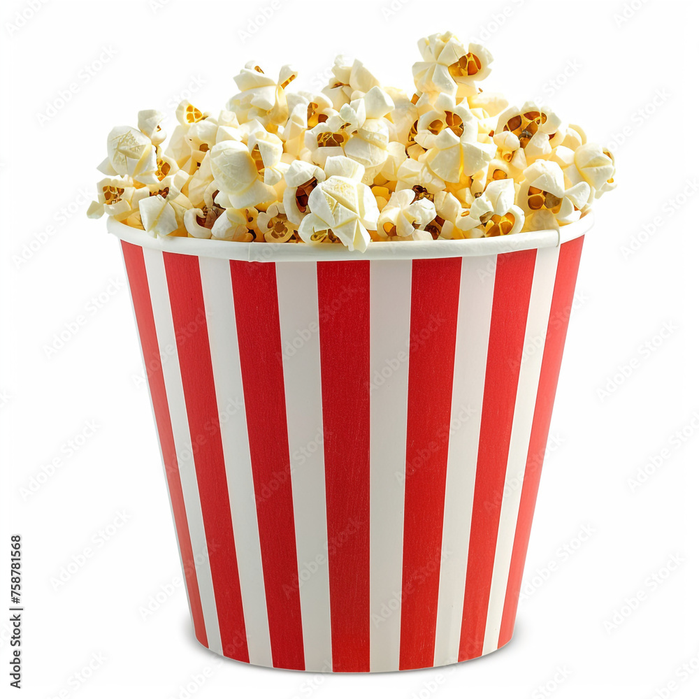 red white paper bucket full of popcorn on isolated on white сreated with Generative Ai