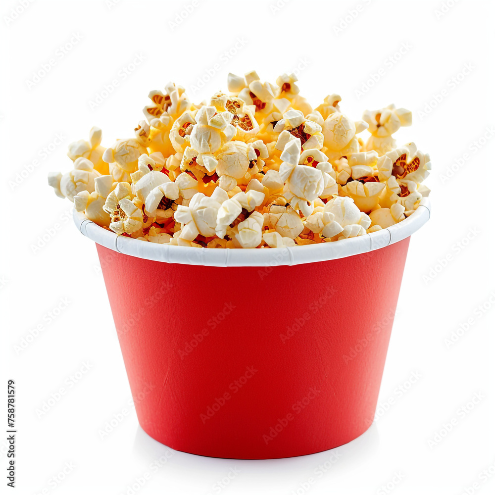 red white paper bucket full of popcorn on isolated on white сreated with Generative Ai red white paper bucket full of popcorn on isolated on white сreated with Generative Ai