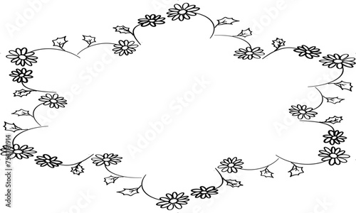 floral frame for your design, flower frame ring, daisy garland black and white line hand drawn in block line