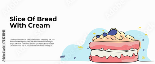 Vector illustration of slice of bread with cream . Modern flat in continuous line style.