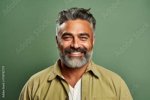 Portrait of a handsome mature man smiling at the camera against a green background
