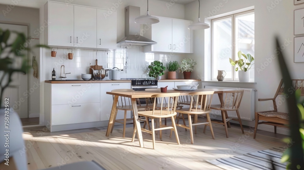 Fototapeta premium wood and white surfaces decorated kitchen with dining table. Scandinavian basic home interior.
