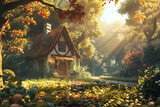 Enchanted forest cottage at sunrise