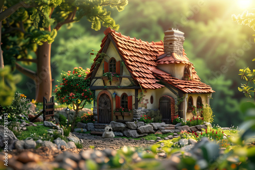 Enchanted forest cottage at sunset