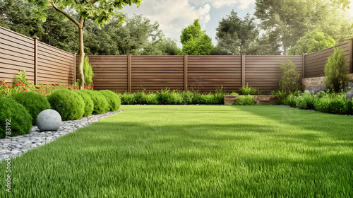 green grass lawn, plants and wooden fence in modern backyard patio © andreusK