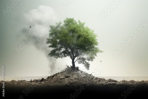 A lone tree stands amidst a cracked landscape, symbolizing ecological challenges. Solitary Tree on Cracked Earth - Environmental Stress