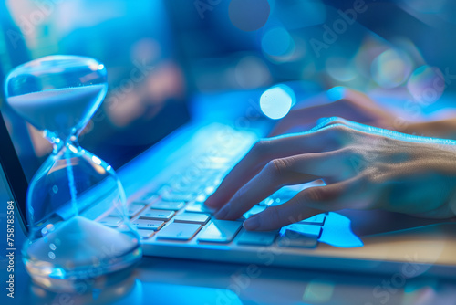 close-up of hands typing frantically on a keyboard against a backdrop of soothing blue tones, with an hourglass nearby serving as a constant reminder of the pressing need to manage