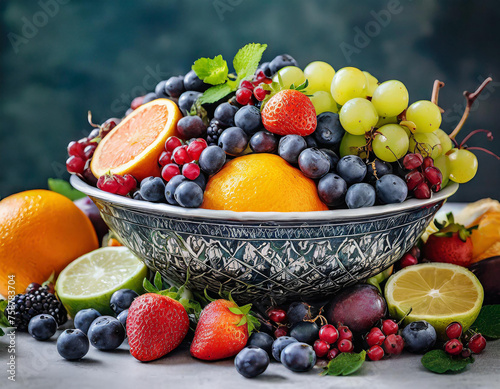 A close-up shot captures the vibrant colors and textures of a bowl overflowing with ripe berries  grapes  and citrus fruits.3