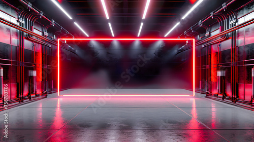 Futuristic Stage with Neon Lights, Abstract and Vibrant Design, Modern Illumination and Interior Concept