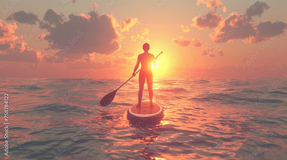 A paddleboarder's silhouette against a captivating peach-hued sunset and sea.