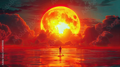 Person paddleboarding under an enormous red moon at sunset. photo