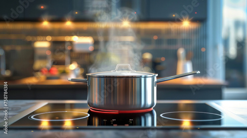 Concept of cooking in a modern kitchen pan on an induction stove. Copy space