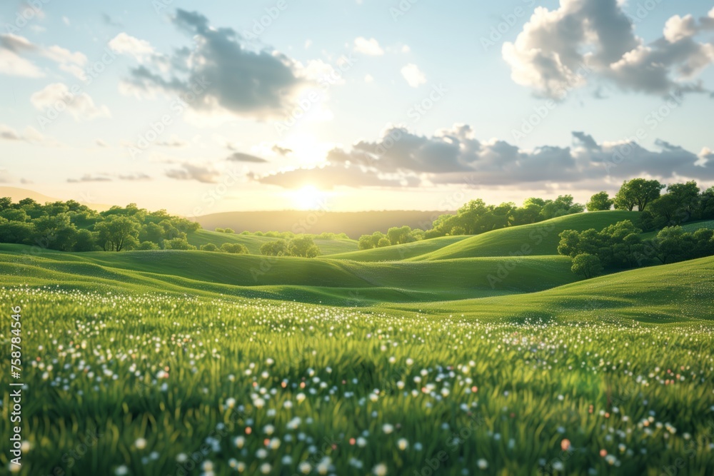 Tranquil sunset over blossoming meadow