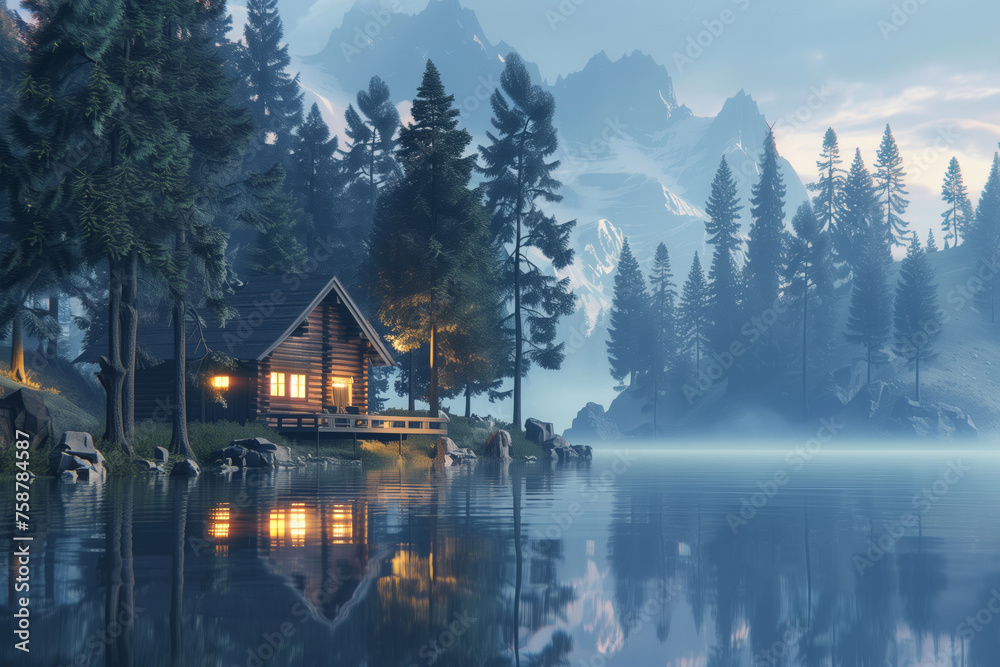 Fototapeta premium Serene lakeside cabin at twilight