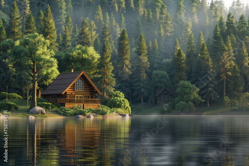 Tranquil lakeside cabin at sunrise