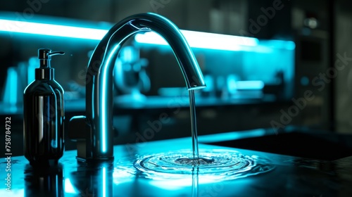 Generative AI Futuristic smart kitchen faucet, LED-lit water display, atmospheric background, sleek and modern depiction