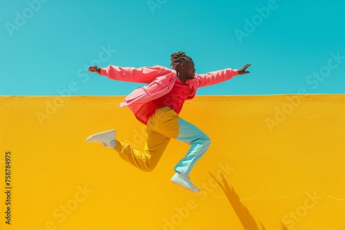 Happy young man jumping in front of vibrant yellow wall with exuberant energy and joy