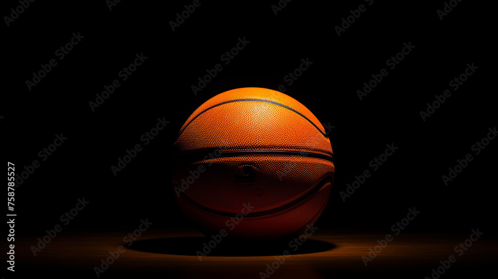 An orange basketball on a pitch-black background.