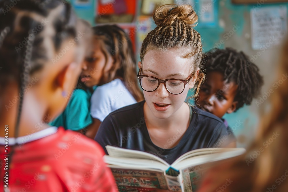Group of Children Sitting at Table With Books Group of Children Sitting at Table With Books