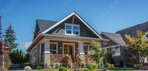 Against a backdrop of clear blue skies, a craftsman style house stands tall with its inviting porch and carefully crafted exterior, embodying the essence of cozy suburban living © rai stone