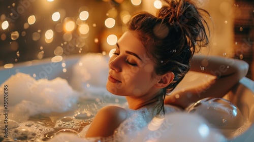 A young woman is sitting in a bathtub filled with bubbles, surrounded by a relaxing atmosphere of warm water and foam.