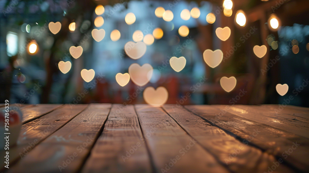 Empty wooden table with blurred background, Heart-shaped bokeh lights of star сreated with Generative Ai Empty wooden table with blurred background, Heart-shaped bokeh lights of star сreated with Generative Ai