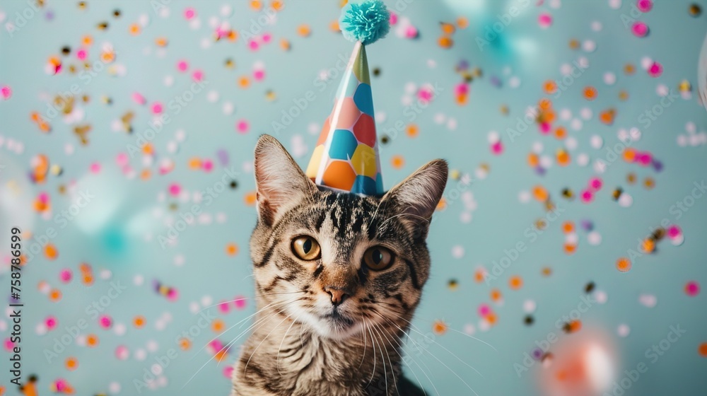 A photograph of a cat, wearing a colorful birthday hat A photograph of a cat, wearing a colorful birthday hat
