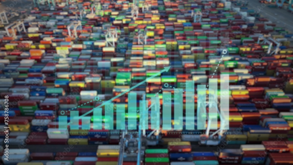 Obraz premium Container port with overlay of loading progress bars and numerical data. Aerial shot above blurred shipping yard with graphs. 3D graphics