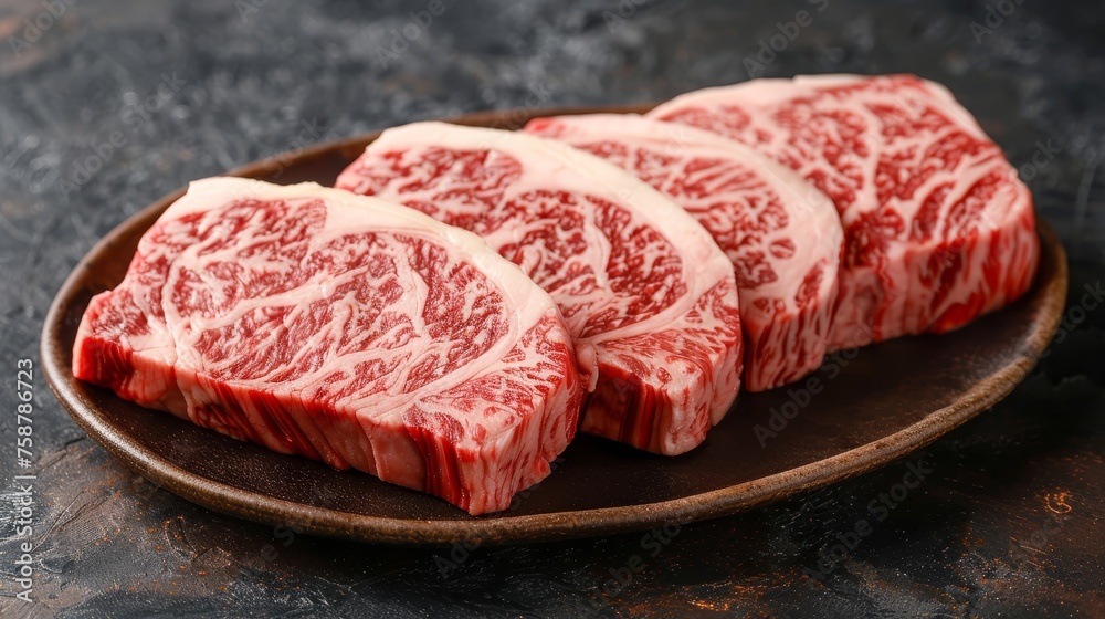 Assortment of asian sliced raw wagyu bbq beef steak cuts from china, japan, and korea