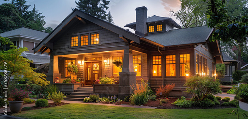 Bathed in the soft glow of sunset, a craftsman style house radiates warmth and charm, with its rich wood siding and welcoming front porch inviting residents and visitors alike to step inside and relax