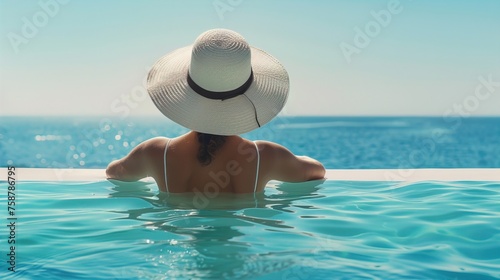 A woman, sitting at the end of a luxurious infinity swimming pool.