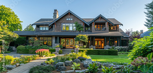 Set amidst a beautifully landscaped garden, a craftsman style house showcases its classic design and meticulous craftsmanship, creating a scene of tranquil suburban living