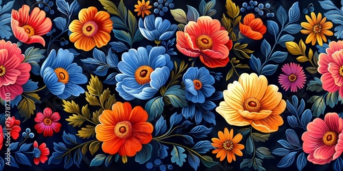 A vintage style floral pattern with vibrant colors and intricate embroidery is perfect for textiles.