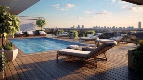 Generative AI Luxurious rooftop terrace with a swimming pool and loungers.